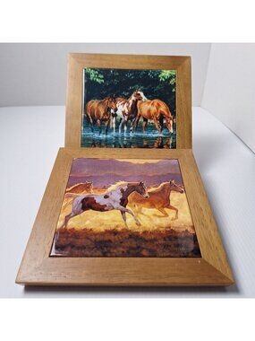 SET OF (2) CYPRESS HOME CERAMIC TRIVET/WALL HANGING RUSTIC WOODEN FRAME HORSES